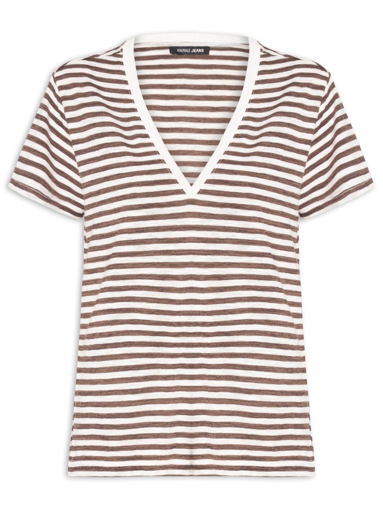 Blusa Feminina De Malha Listrada Decote V - Marrom