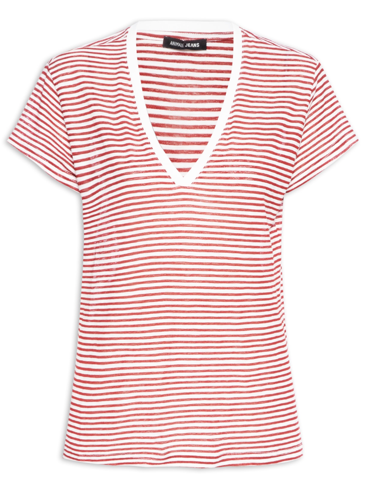 Blusa Feminina De Malha Listrada Decote V - Vermelho