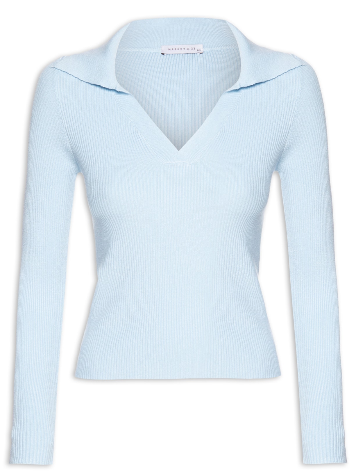 Blusa Feminina de Manga Longa em Tricot com Gola Polo - Azul