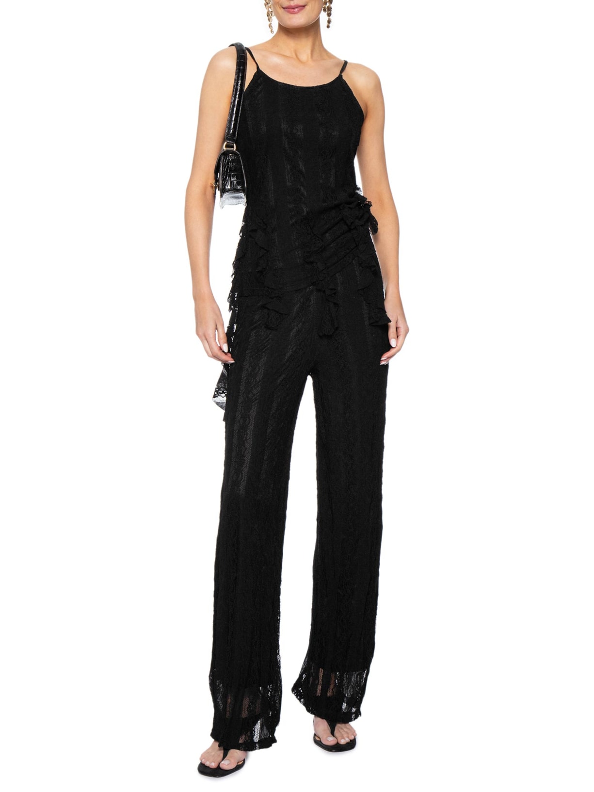 Blusa Feminina de Renda com Babados Preto Market 33