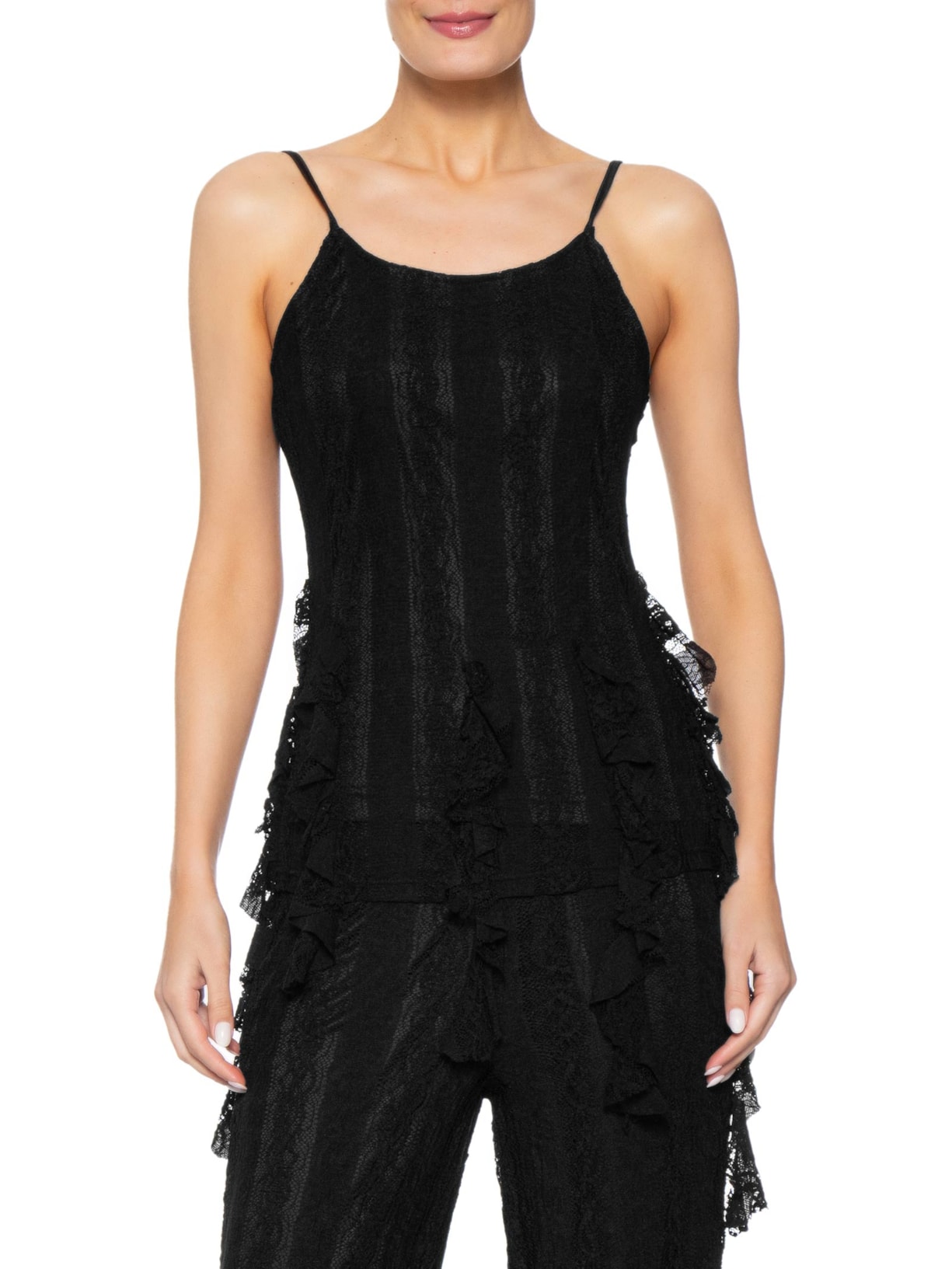 Blusa Feminina de Renda com Babados Preto Market 33