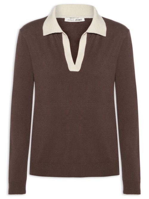 Blusa Feminina de Tricô Polo Gola Contrastante - Marrom