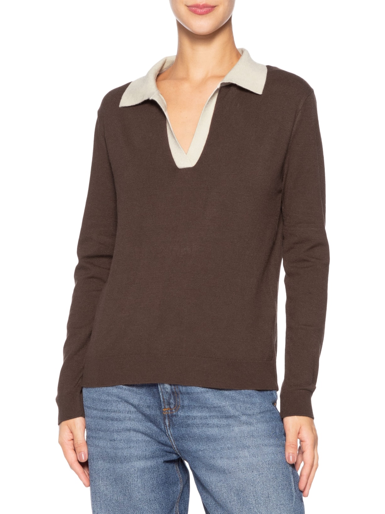 Blusa Feminina de Tricô Polo Gola Contrastante Marrom Animale Jeans