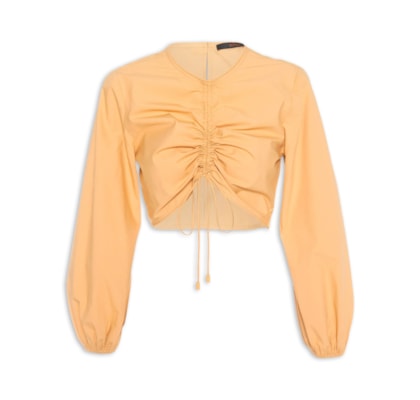 Blusa Feminina De Tricoline Cropped Franzida - Bege