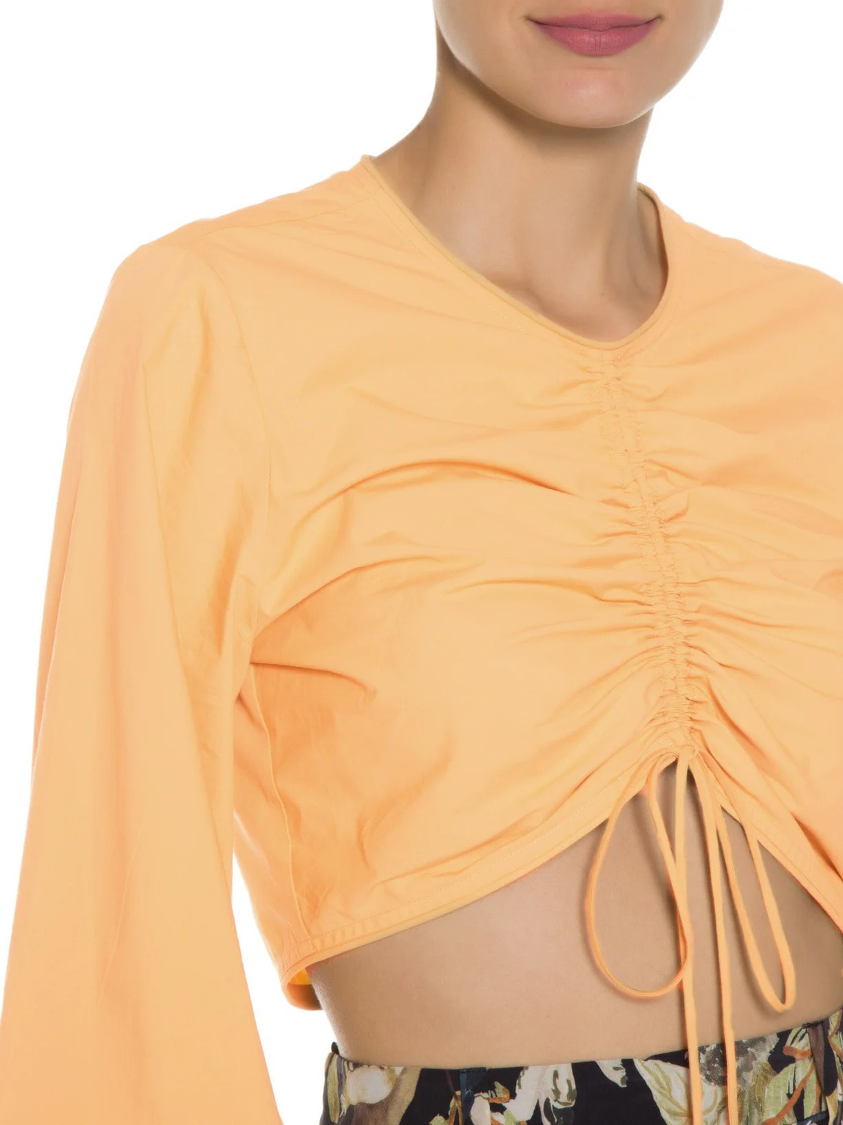 Blusa Feminina De Tricoline Cropped Franzida Bege Animale