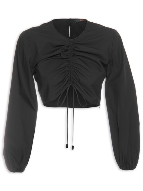 Blusa Feminina De Tricoline Cropped Franzida - Preto