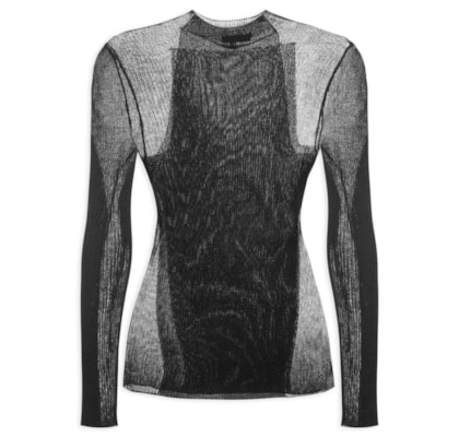 Blusa Feminina De Tricot Canelada Transparência - Preto