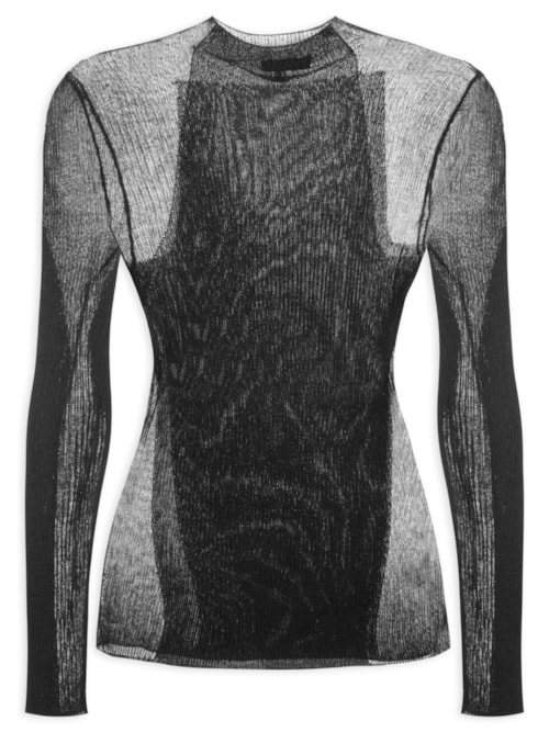 Blusa Feminina De Tricot Canelada Transparência - Preto