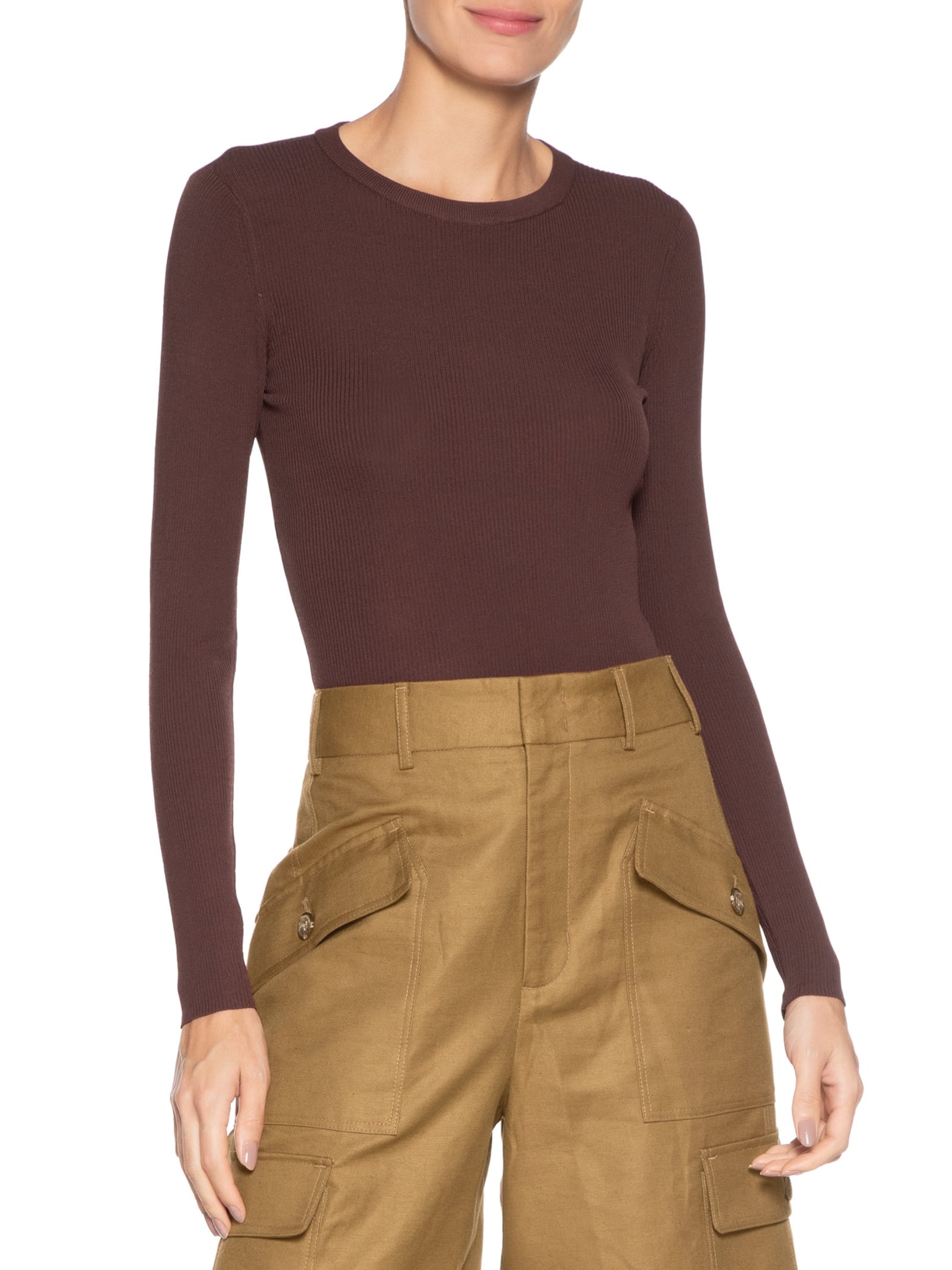 Blusa Feminina De Tricot Canelado Básica Marrom Animale