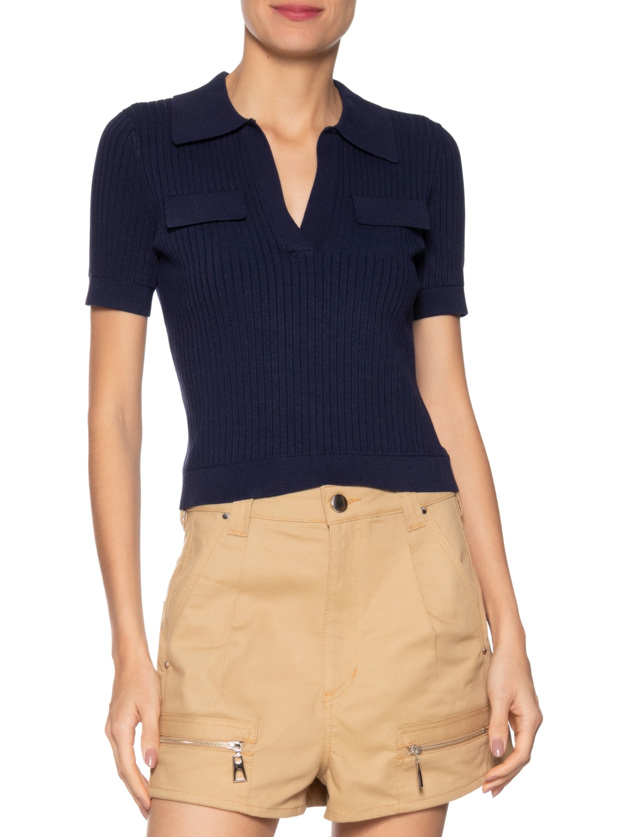 Blusa Feminina De Tricot Canelado Com Gola Polo Azul Animale