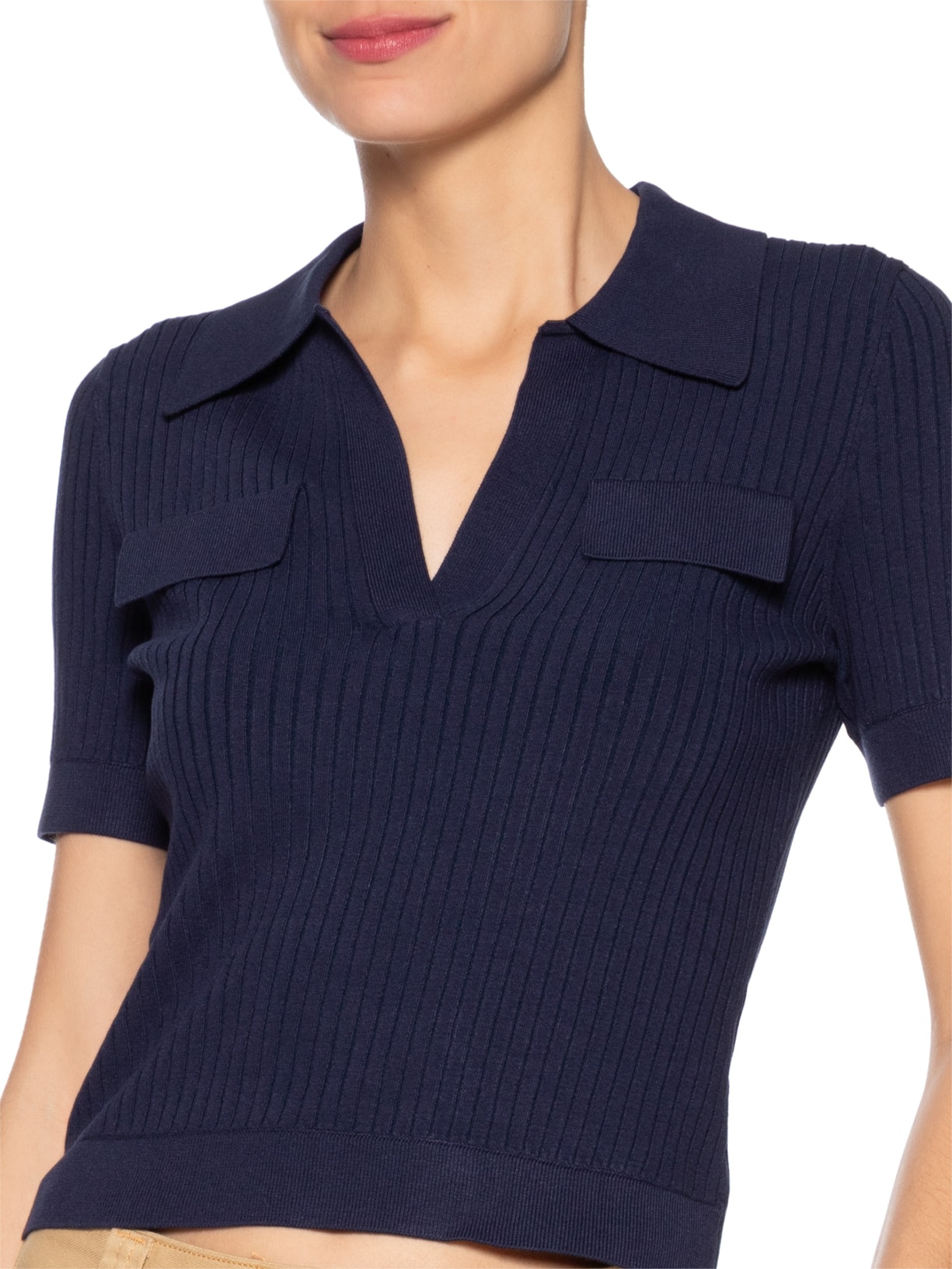 Blusa Feminina De Tricot Canelado Com Gola Polo Azul Animale