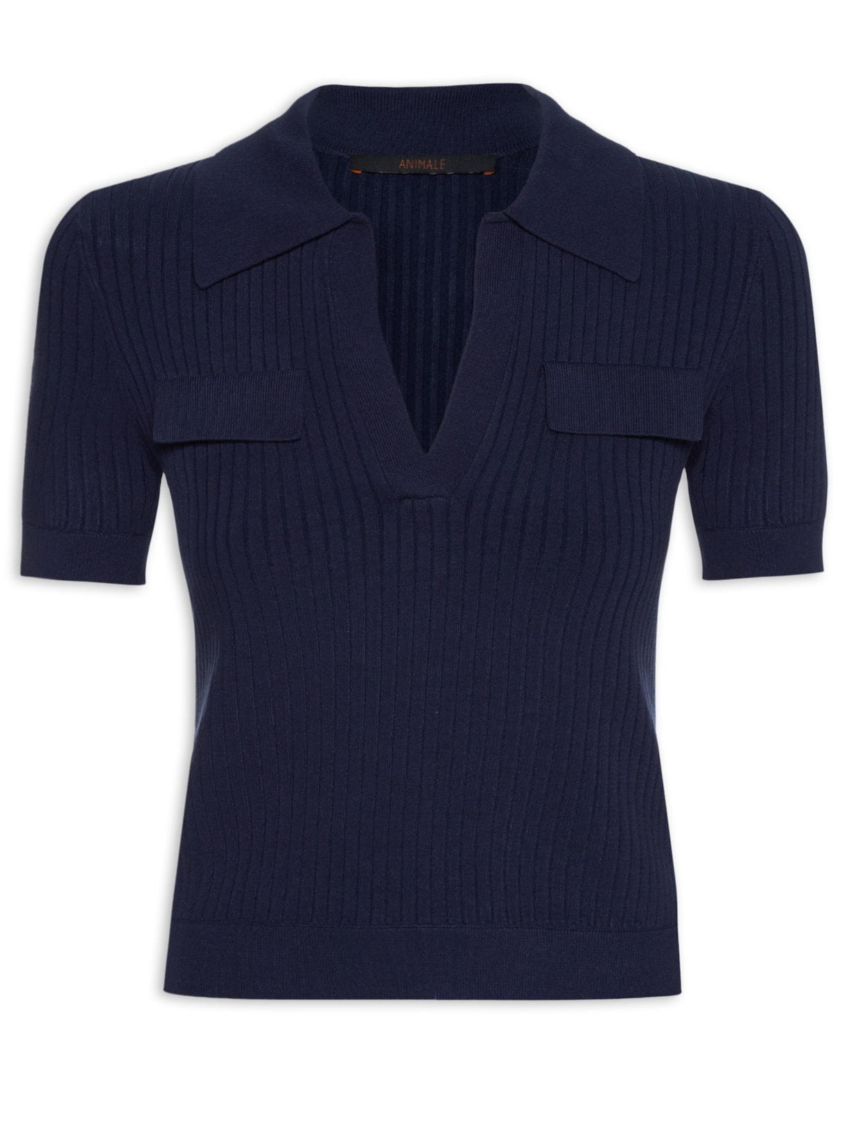 Blusa Feminina De Tricot Canelado Com Gola Polo - Azul