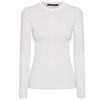 Blusa Feminina De Tricot Canelado Manga Longa Básica - Branco