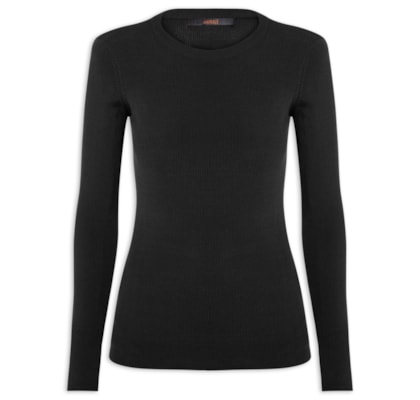 Blusa Feminina De Tricot Canelado Manga Longa Básica - Preto