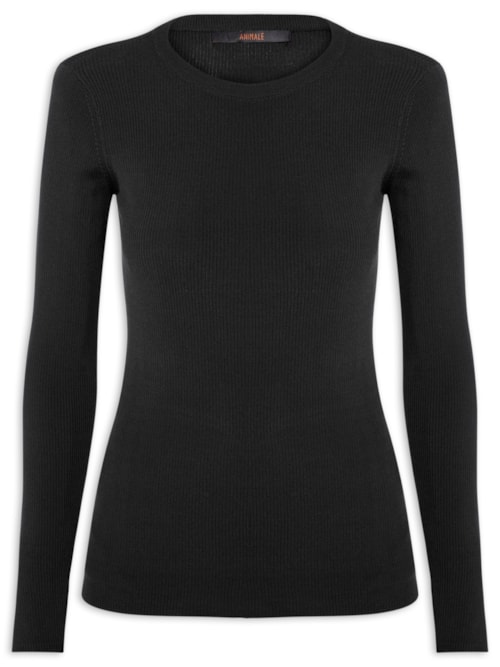 Blusa Feminina De Tricot Canelado Manga Longa Básica - Preto