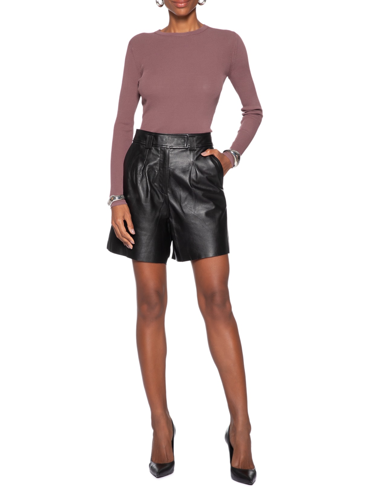 Blusa Feminina De Tricot Canelado Manga Longa Básica Rosa Animale