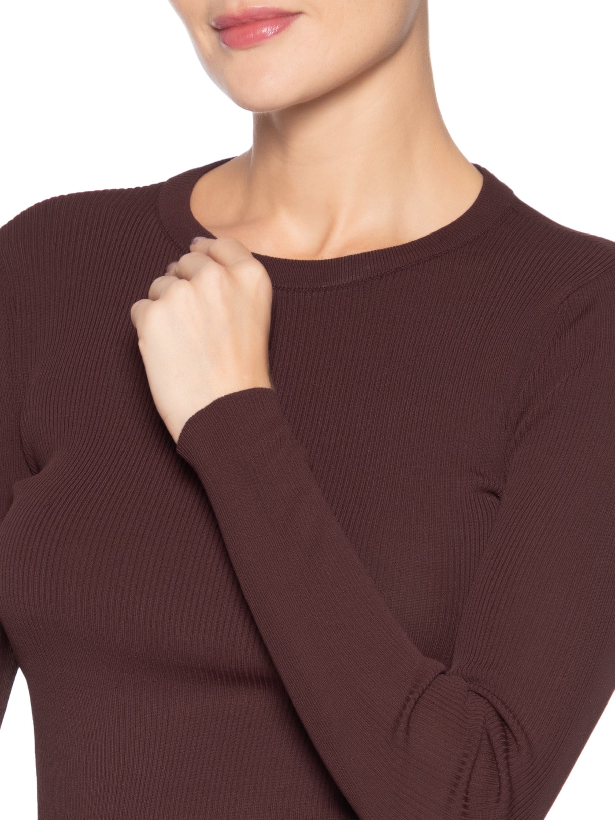 Blusa Feminina De Tricot Canelado Manga Longa Marrom Animale