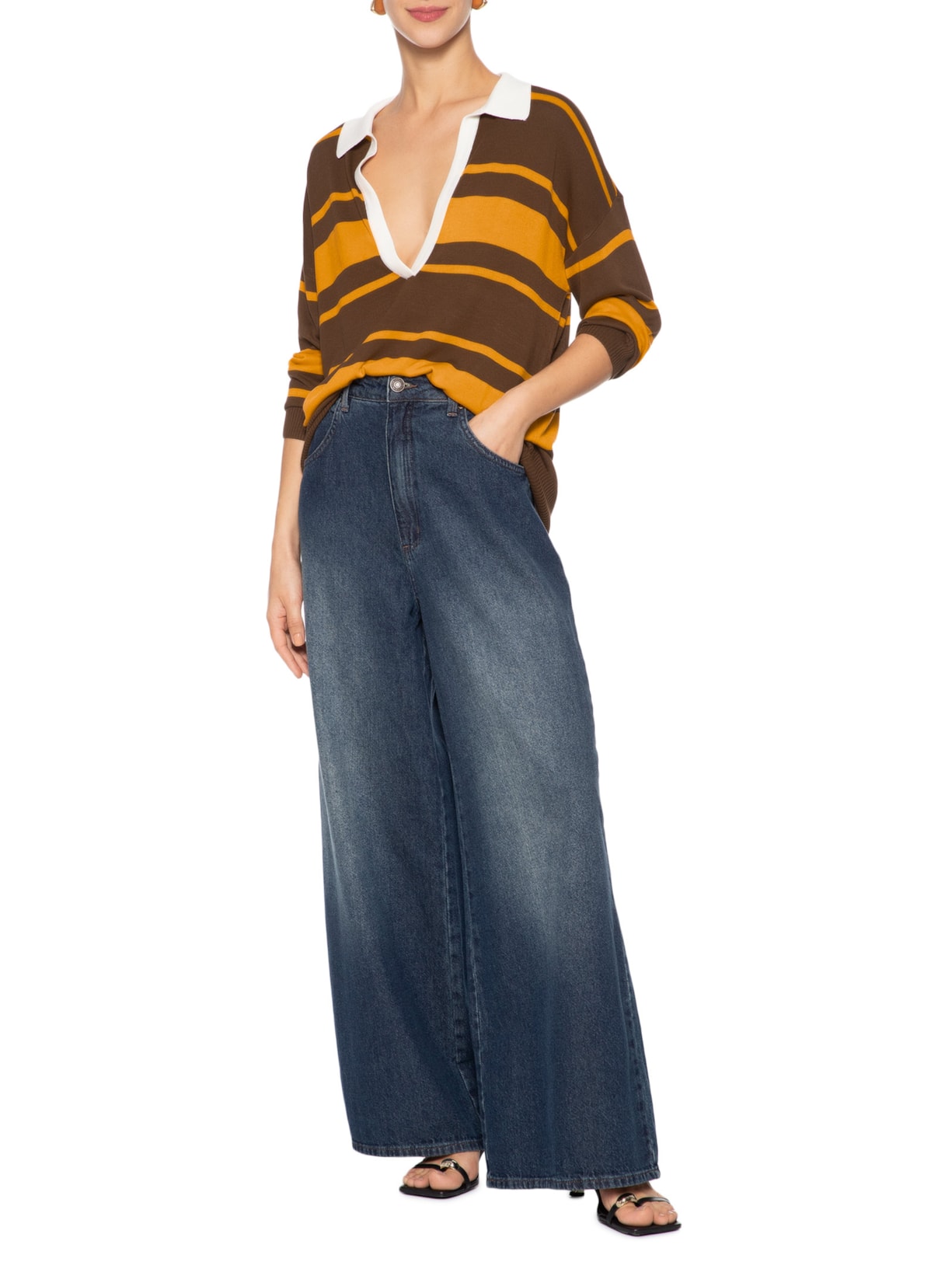 Blusa Feminina De Tricot Gola Polo Listrada Bicolor Marrom Animale