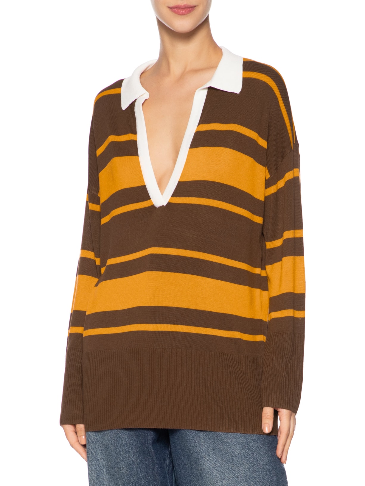 Blusa Feminina De Tricot Gola Polo Listrada Bicolor Marrom Animale