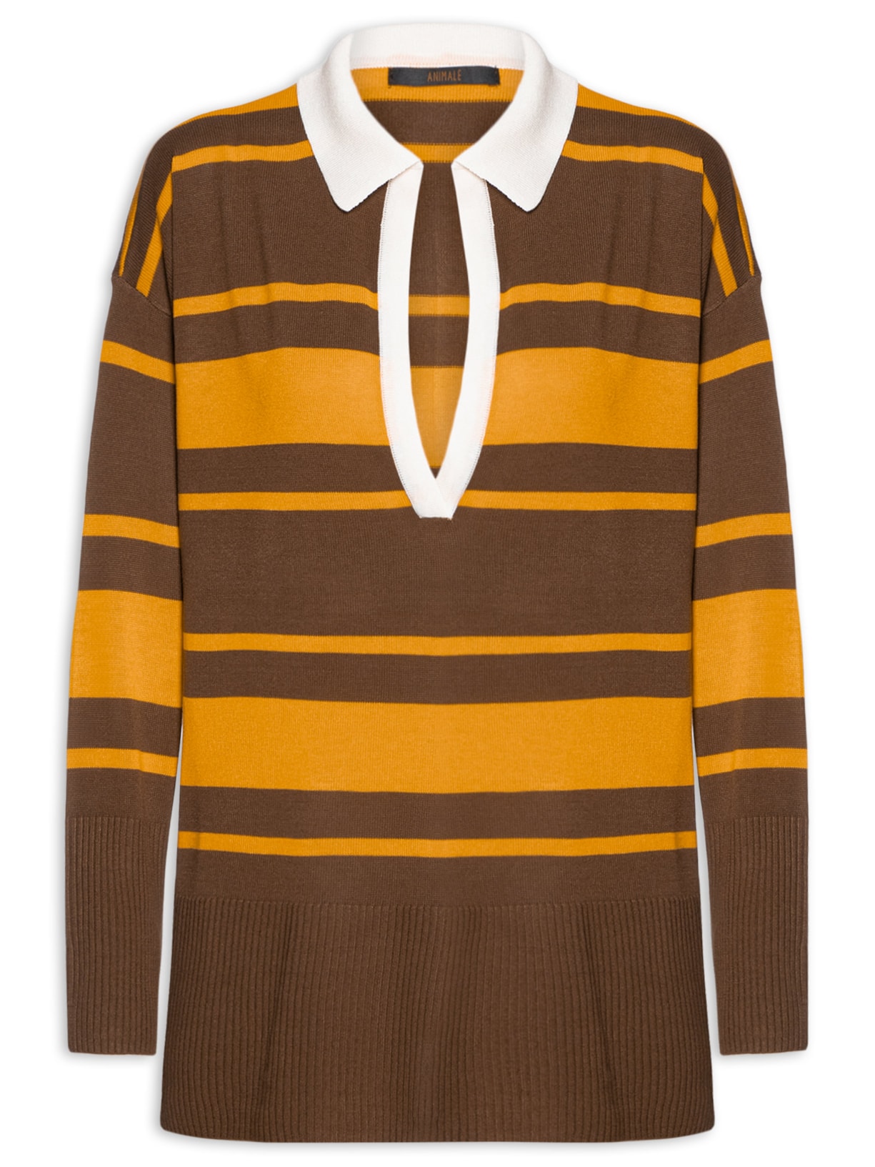 Blusa Feminina De Tricot Gola Polo Listrada Bicolor Marrom Animale