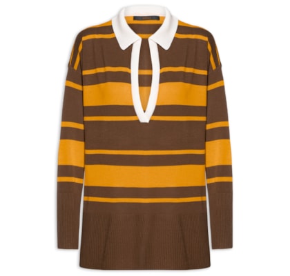 Blusa Feminina De Tricot Gola Polo Listrada Bicolor - Marrom
