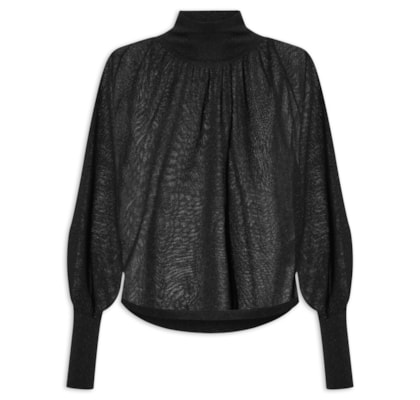 Blusa Feminina De Tricot Manga Bufante Com Lurex - Preto