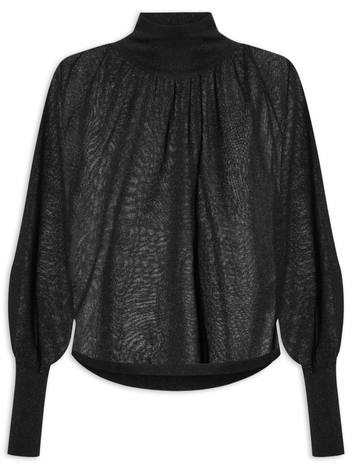 Blusa Feminina De Tricot Manga Bufante Com Lurex - Preto