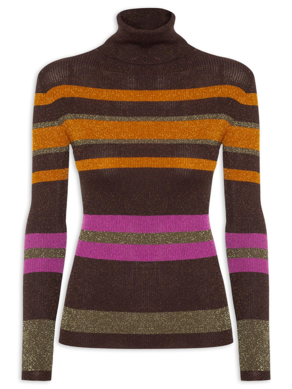 Blusa Feminina De Tricot Manga Longa Listra Colorida Marrom Animale