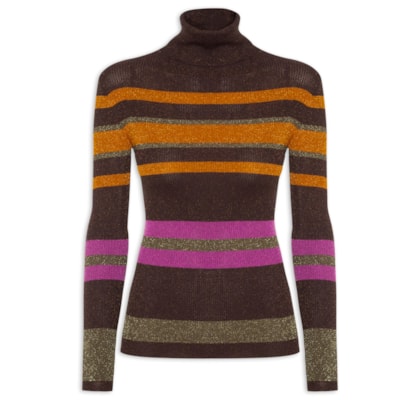 Blusa Feminina De Tricot Manga Longa Listra Colorida - Marrom