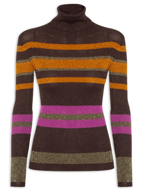 Blusa Feminina De Tricot Manga Longa Listra Colorida - Marrom