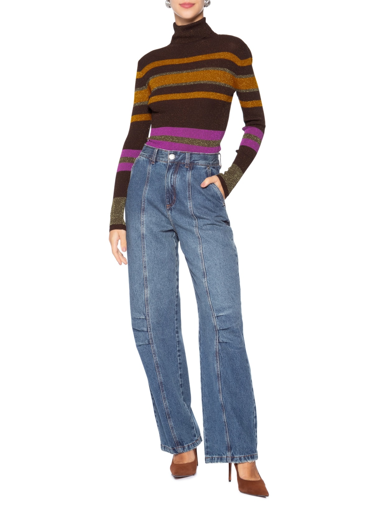 Blusa Feminina De Tricot Manga Longa Listra Colorida Marrom Animale