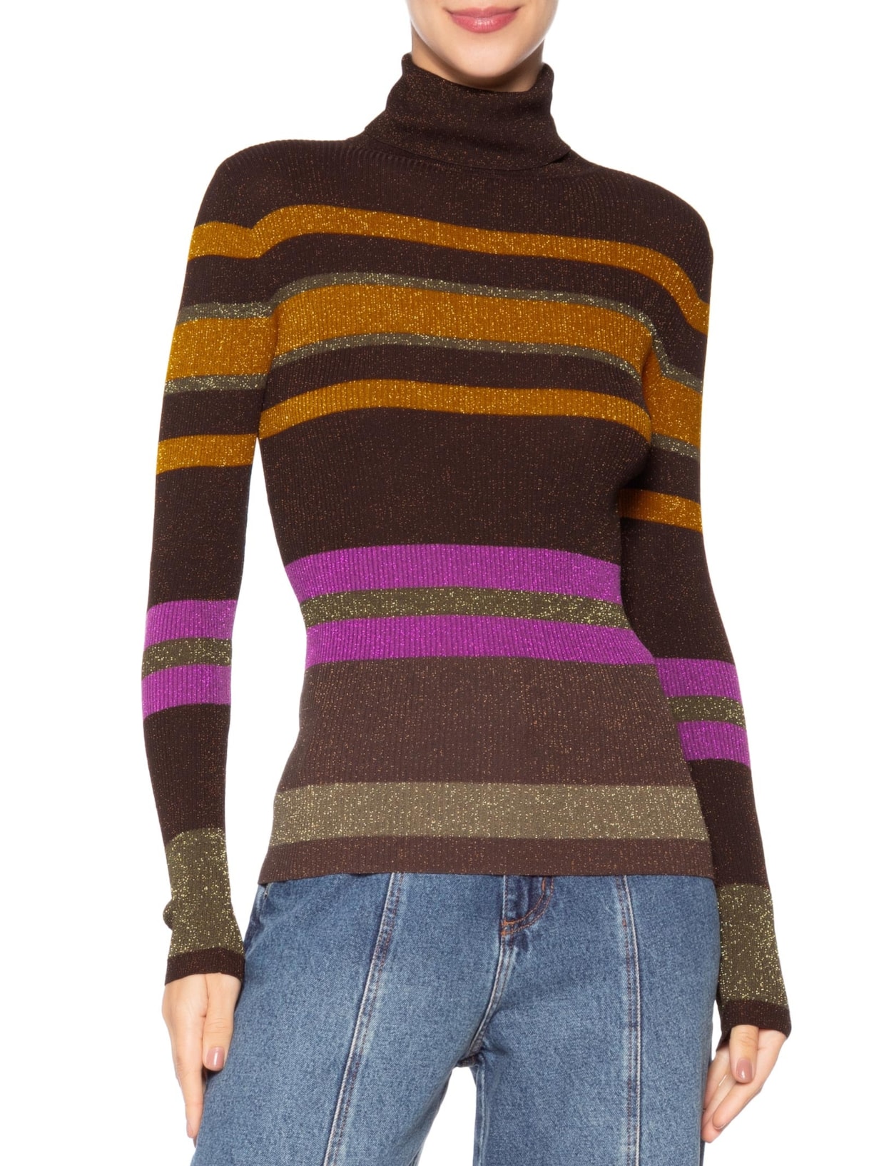 Blusa Feminina De Tricot Manga Longa Listra Colorida Marrom Animale