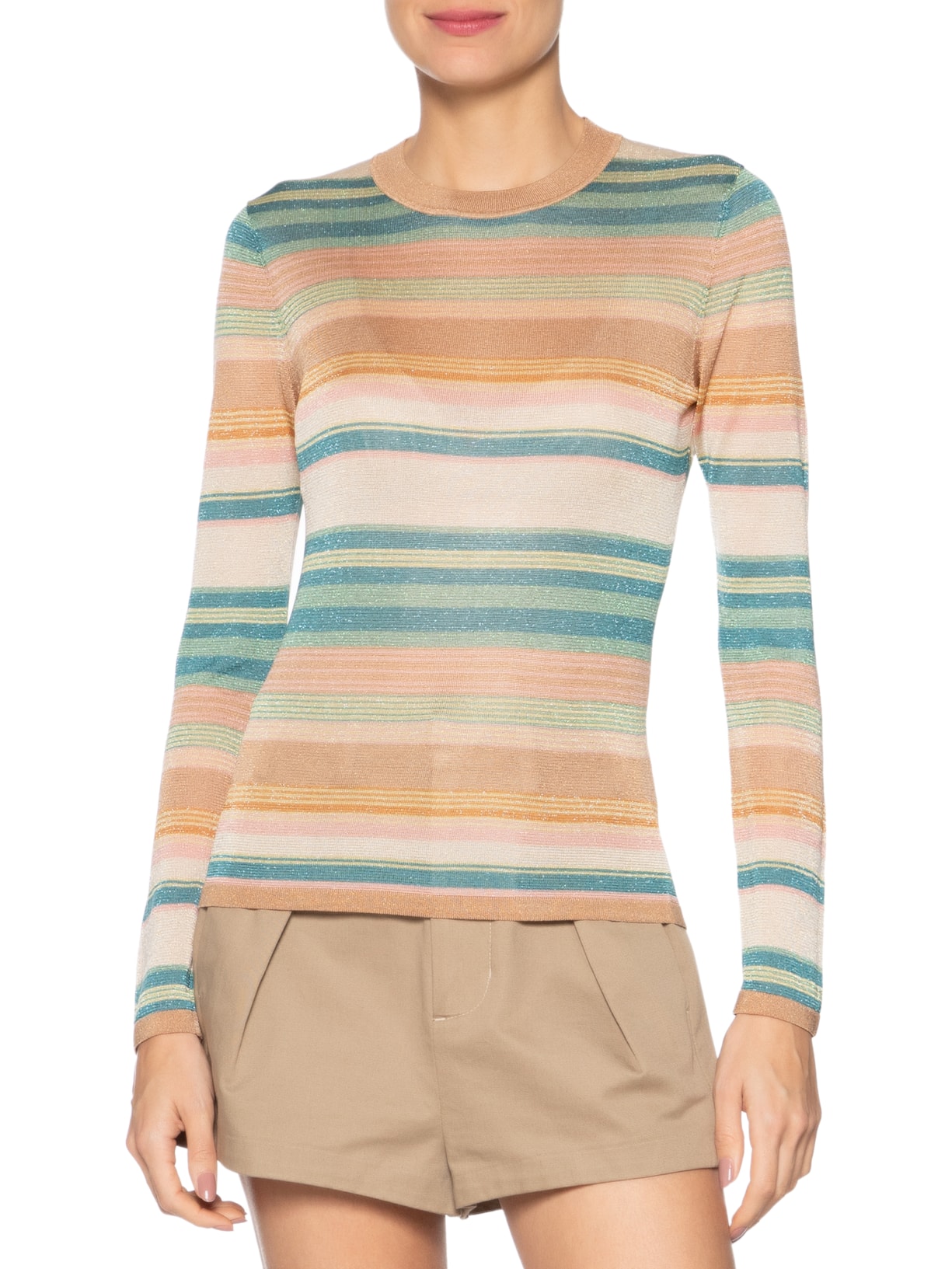 Blusa Feminina De Tricot Manga Longa Listras Multicoloridas Com Lurex Bege Animale