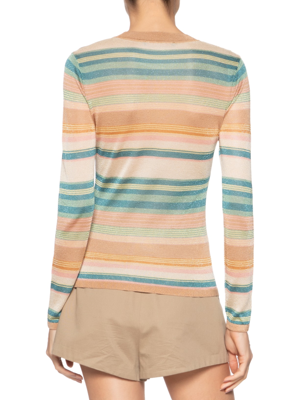 Blusa Feminina De Tricot Manga Longa Listras Multicoloridas Com Lurex Bege Animale