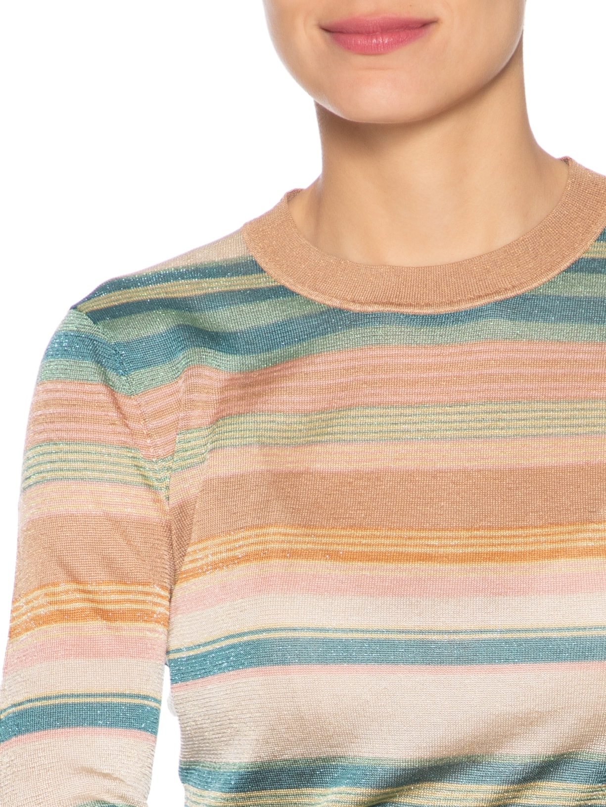 Blusa Feminina De Tricot Manga Longa Listras Multicoloridas Com Lurex Bege Animale
