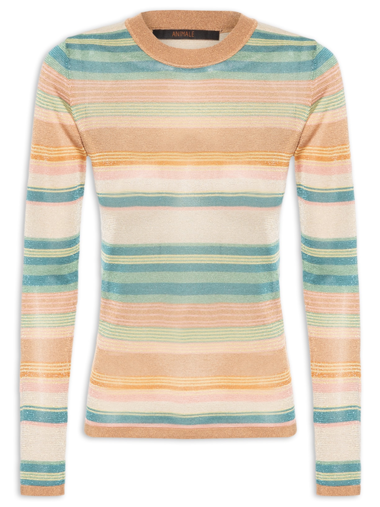 Blusa Feminina De Tricot Manga Longa Listras Multicoloridas Com Lurex - Bege