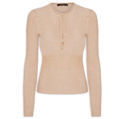 Blusa Feminina De Tricot New Bicolor Com Decote Portuguesa - Bege
