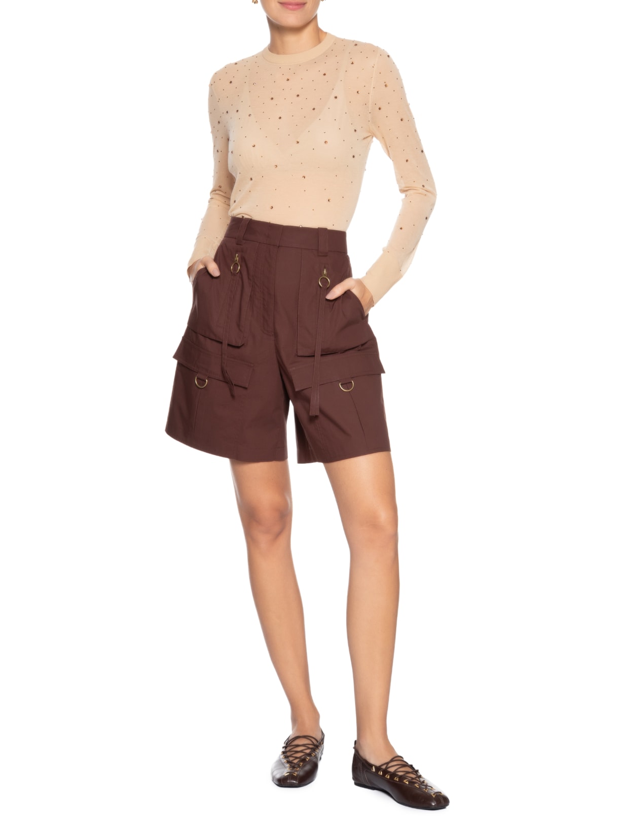 Blusa Feminina de Tricot Transparente Com Hotfix Bege Animale