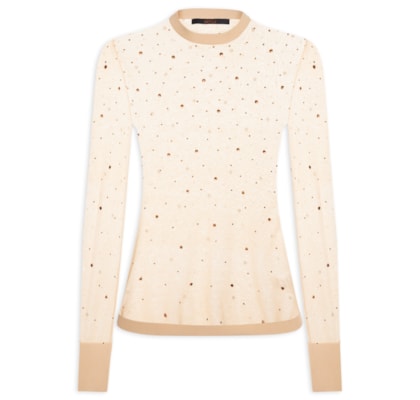Blusa Feminina de Tricot Transparente Com Hotfix - Bege
