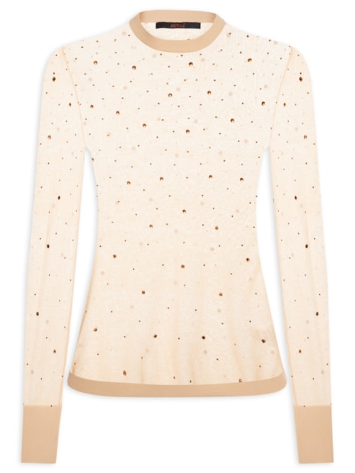 Blusa Feminina de Tricot Transparente Com Hotfix - Bege
