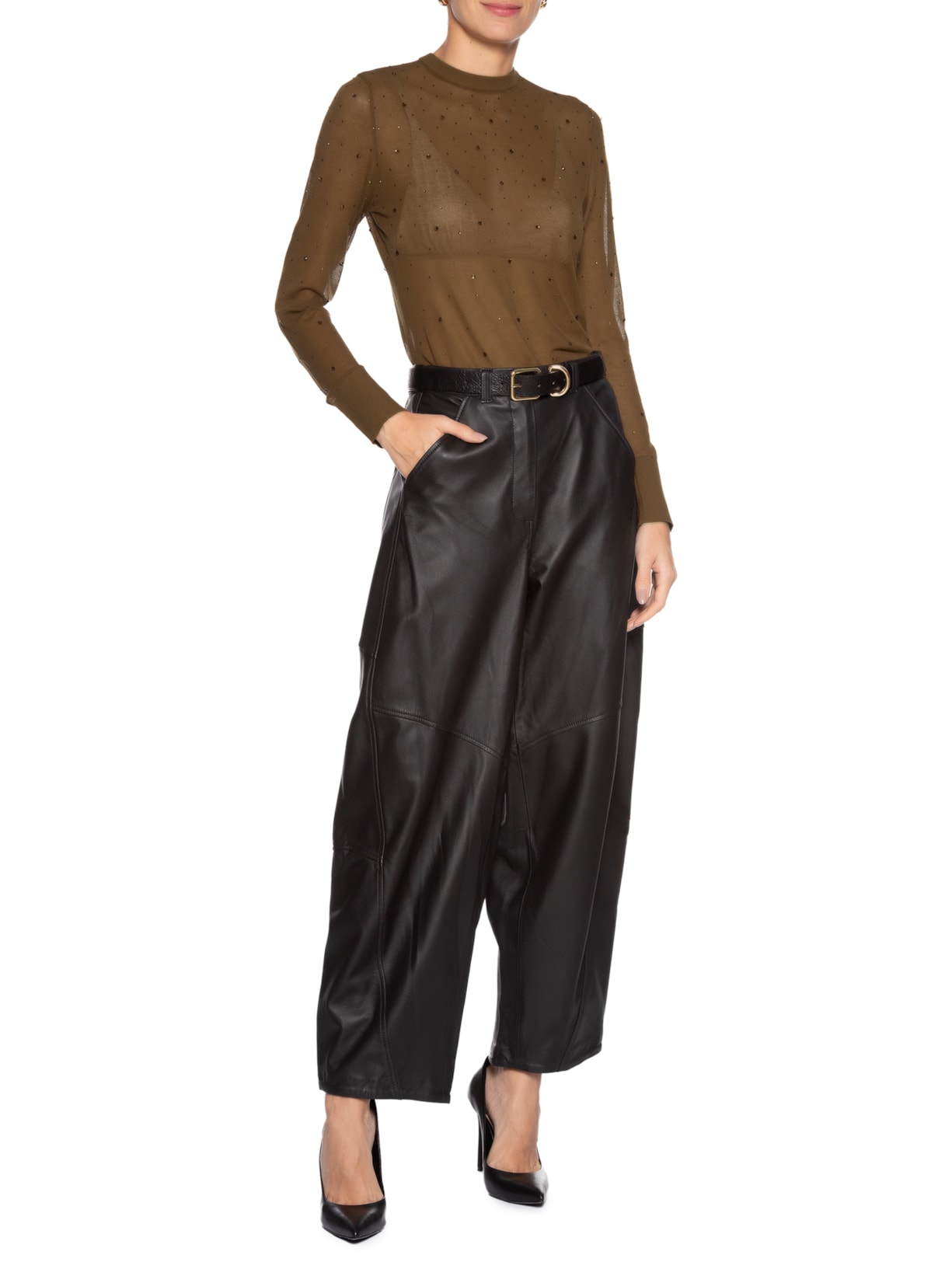 Blusa Feminina de Tricot Transparente Com Hotfix Marrom Animale