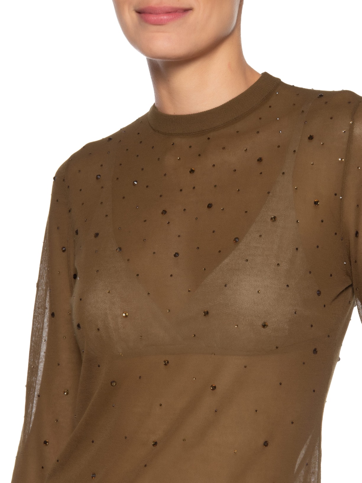 Blusa Feminina de Tricot Transparente Com Hotfix Marrom Animale