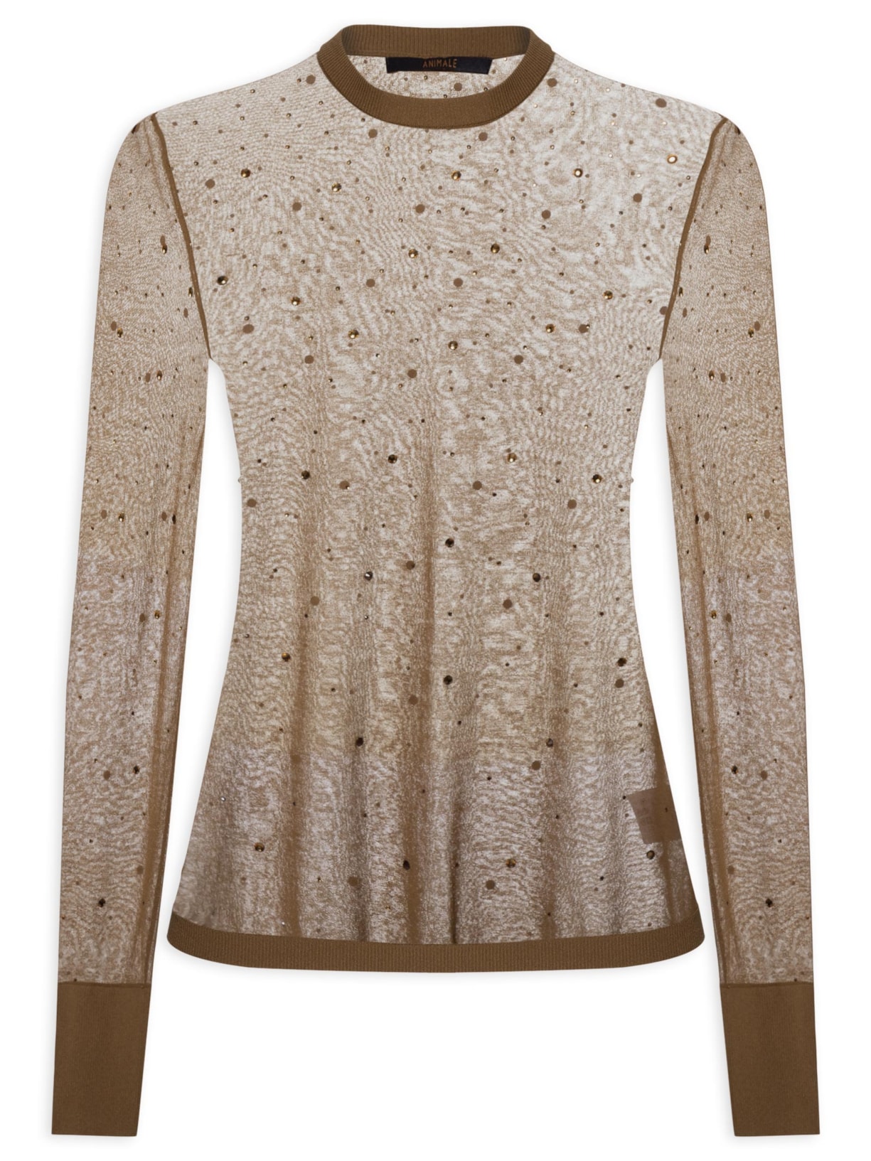 Blusa Feminina de Tricot Transparente Com Hotfix Marrom Animale