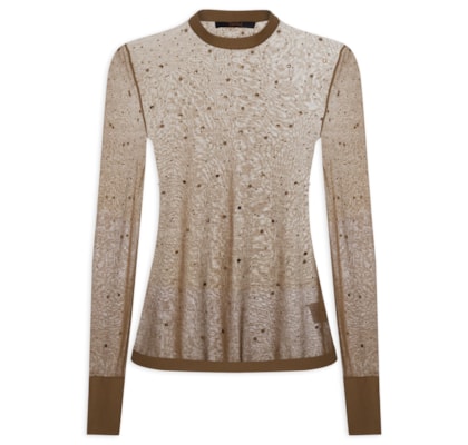 Blusa Feminina de Tricot Transparente Com Hotfix - Marrom