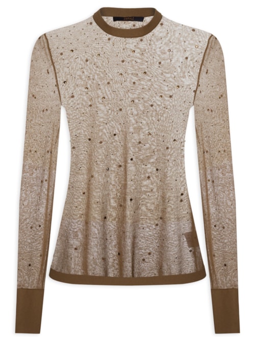 Blusa Feminina de Tricot Transparente Com Hotfix - Marrom