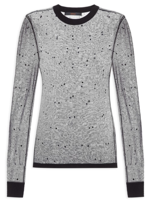 Blusa Feminina De Tricot Transparente Com Hotfix - Preto