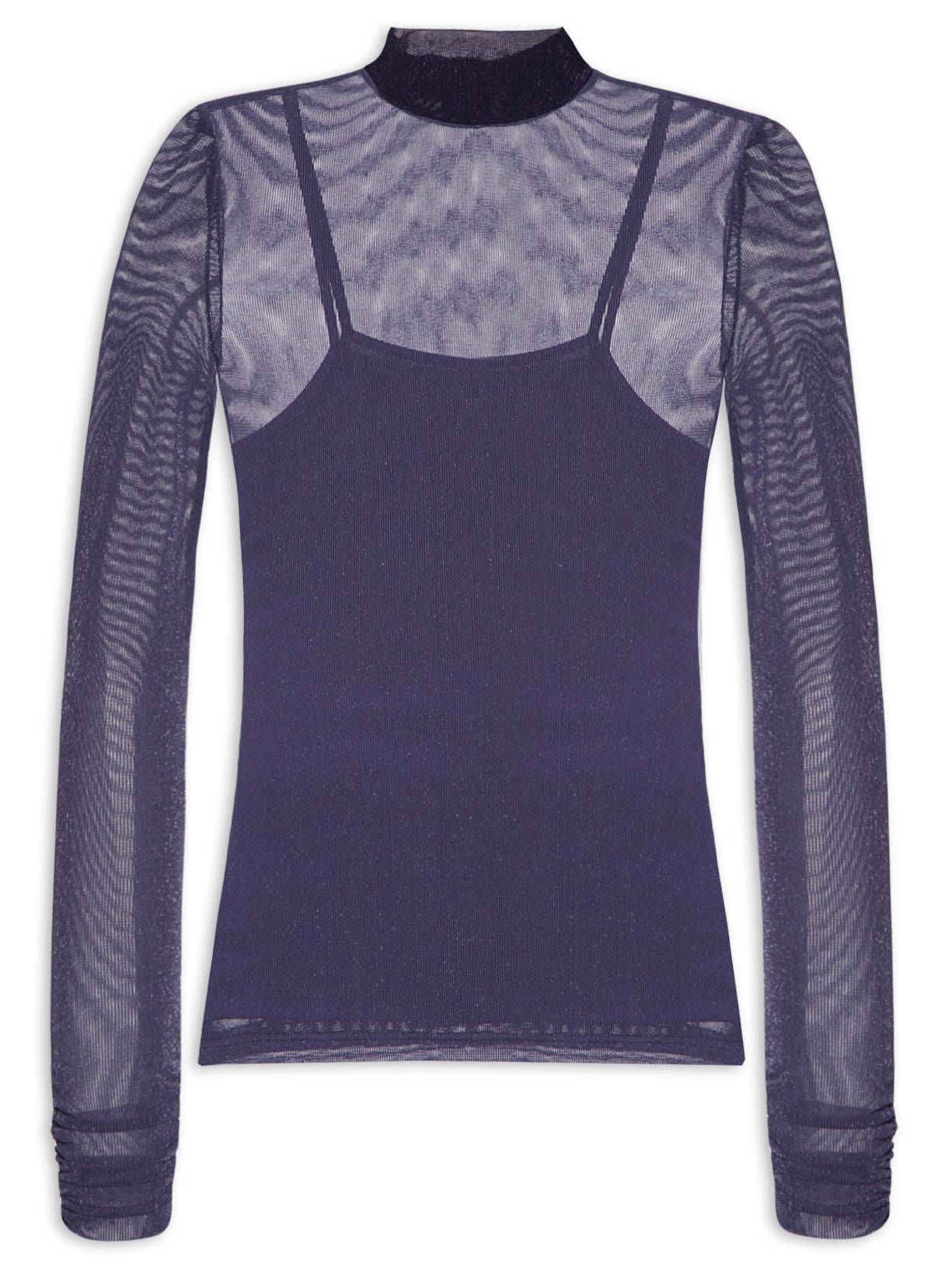 Blusa Feminina De Tule Com Brilho Gola Alta - Azul