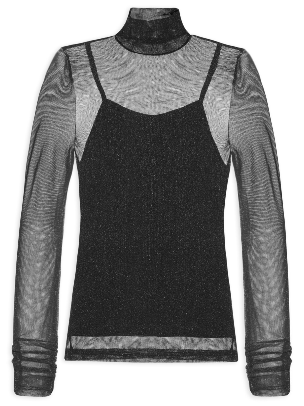 Blusa Feminina De Tule Com Brilho Gola Alta - Preto