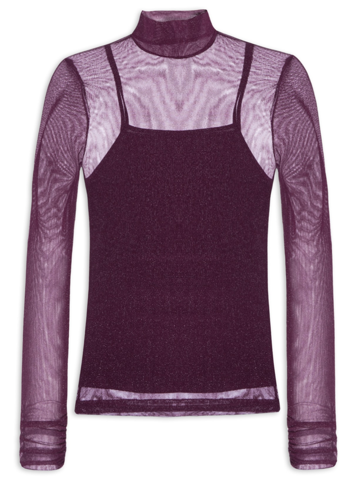 Blusa Feminina De Tule Com Brilho Gola Alta - Roxo