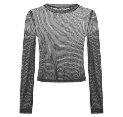 Blusa Feminina De Tule Com Glitter Decote Redondo - Preto